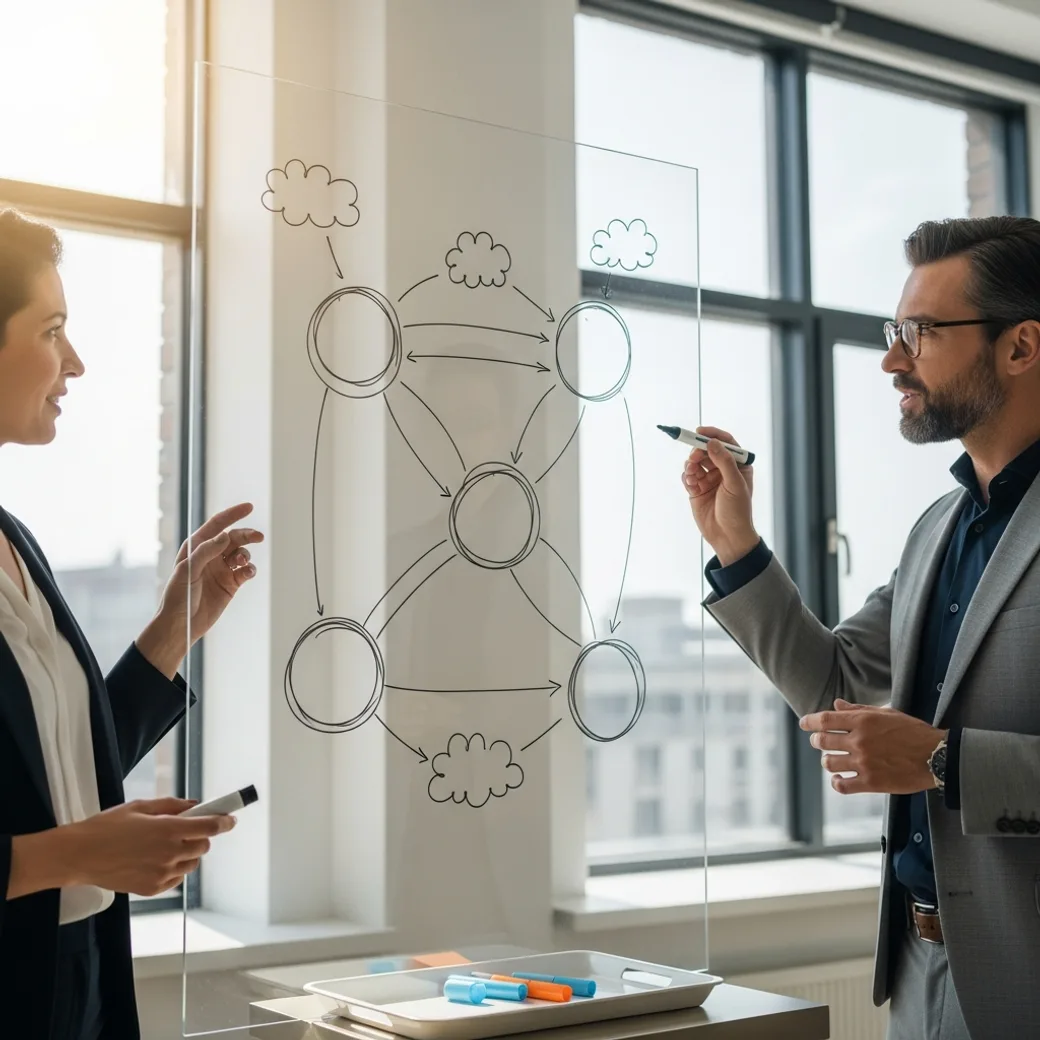 Two KORE1 recruiters comparing notes on cloud engineer candidates at a whiteboard covered in multi-region network and availability-zone diagrams