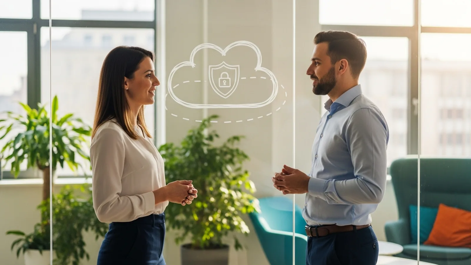 KORE1 cloud security recruiter meeting a cloud security engineer beside a glass wall sketched with a cloud, a shield, and a monitored security perimeter