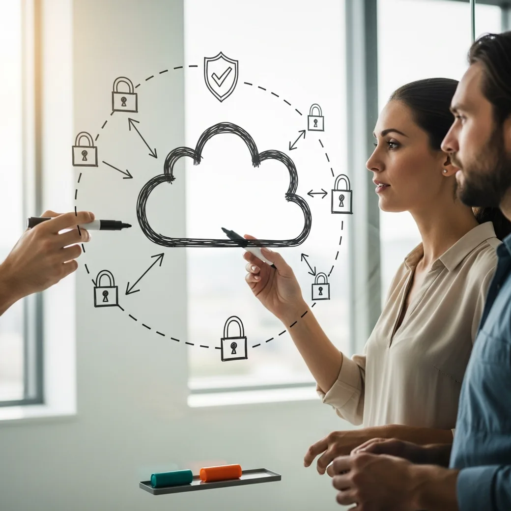 Two KORE1 recruiters comparing cloud security candidates at a glass whiteboard sketched with a cloud, a monitored perimeter ring, a shield, and lock icons
