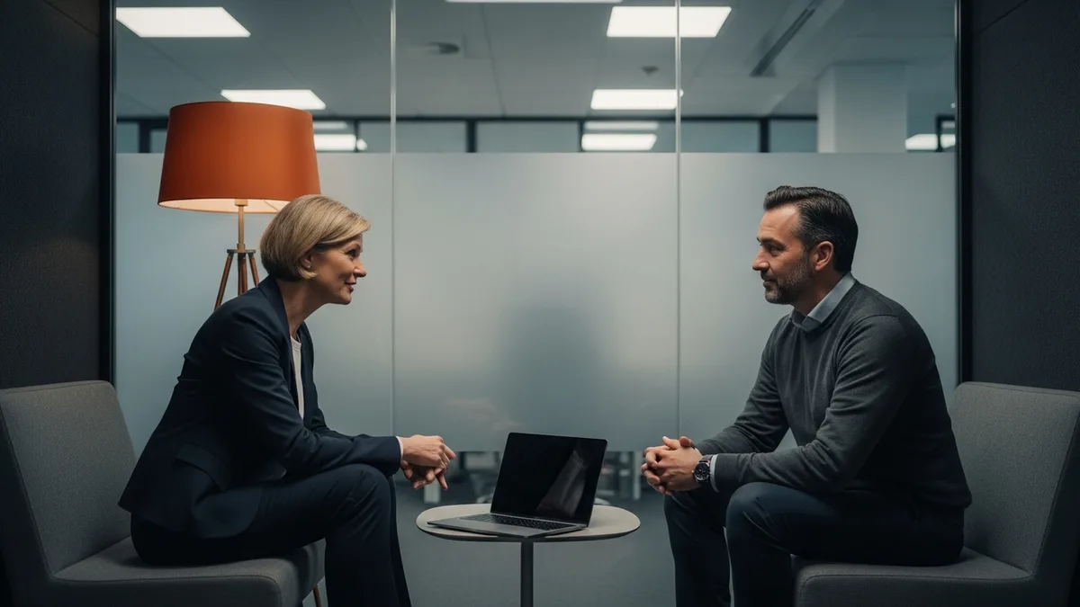 Board member and executive recruiter in a confidential one on one meeting inside a private glass walled office lit by an orange floor lamp