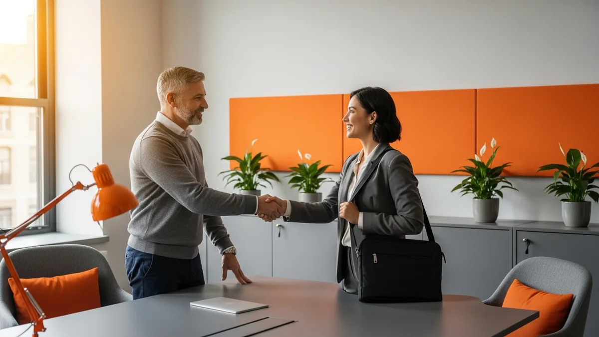 IT hiring manager shaking hands with a software engineer candidate for a contract-to-hire role