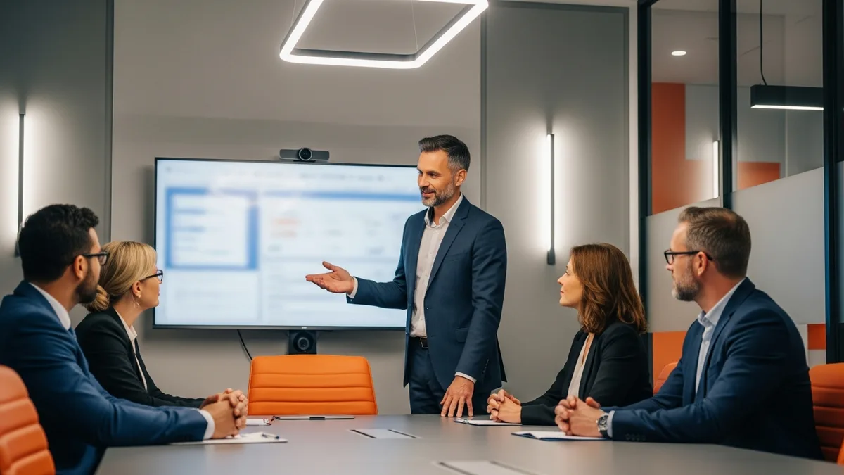 Operations executive presenting an operational review to a company leadership team in a conference room