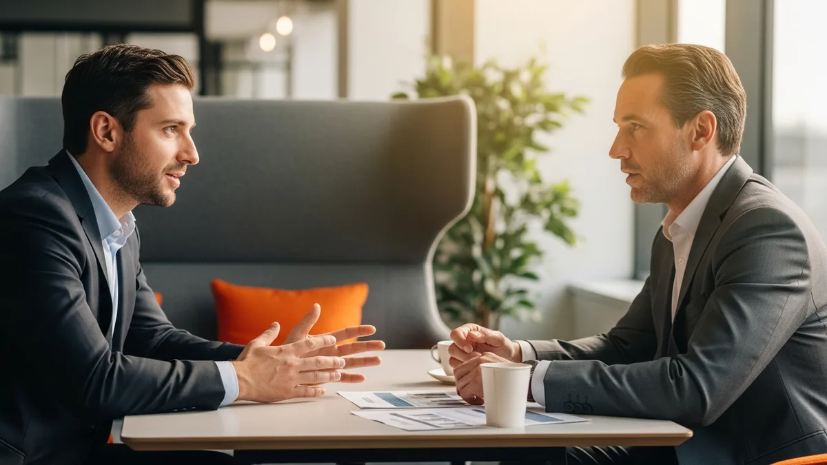 COO and a hiring partner discussing an executive offer and compensation band in a one-on-one meeting