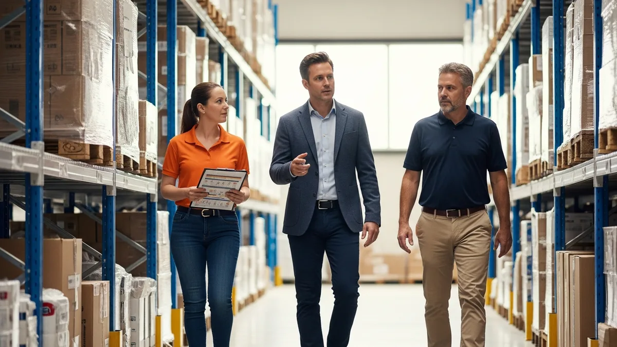 Chief operating officer and two operations managers walking a distribution facility floor