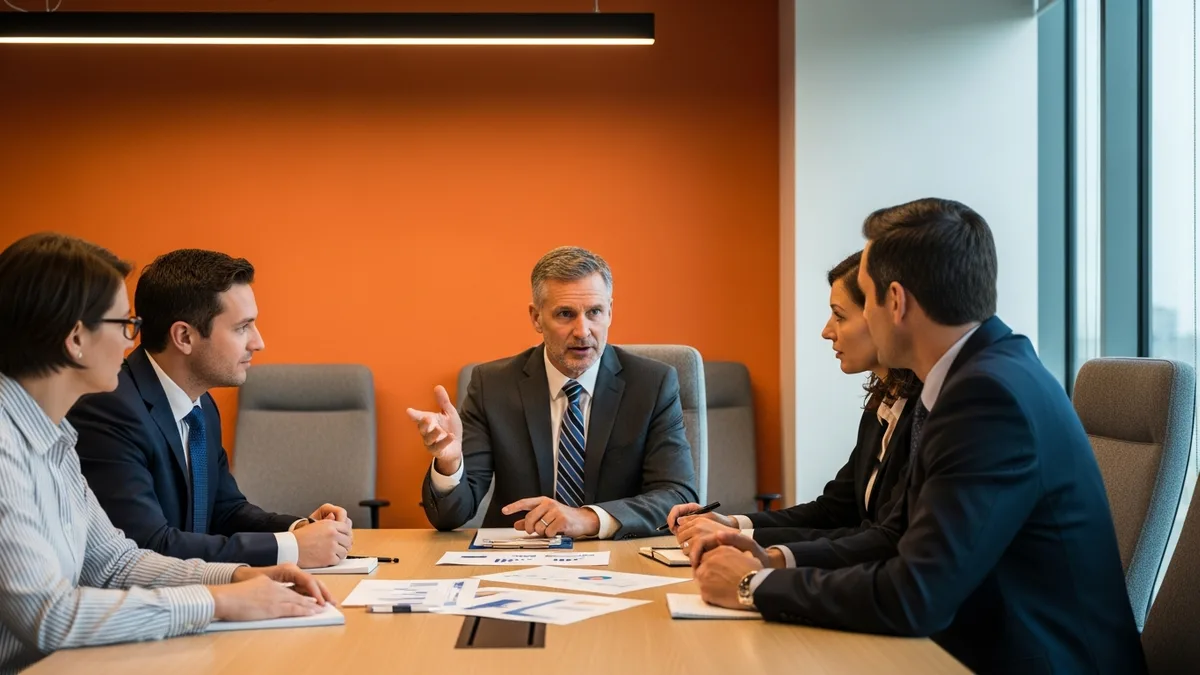 COO leading an operations leadership meeting with printed reports at a conference table