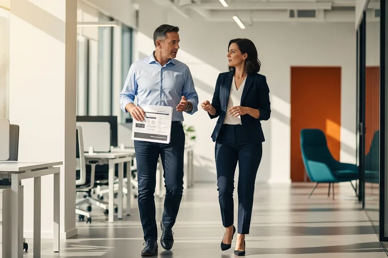 Two senior operations executives walking through a modern office reviewing an operating plan