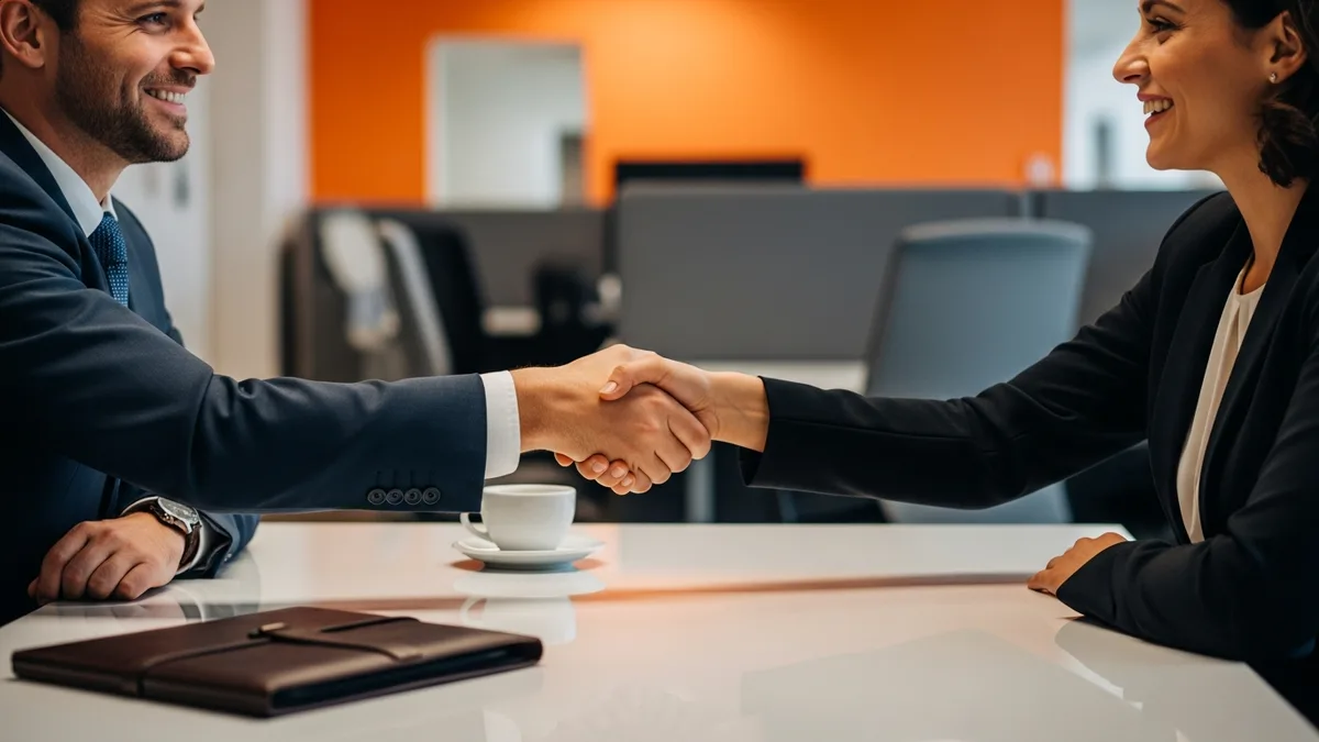 Hiring manager and recruiter shaking hands after agreeing on the engagement model to hire a machine learning engineer