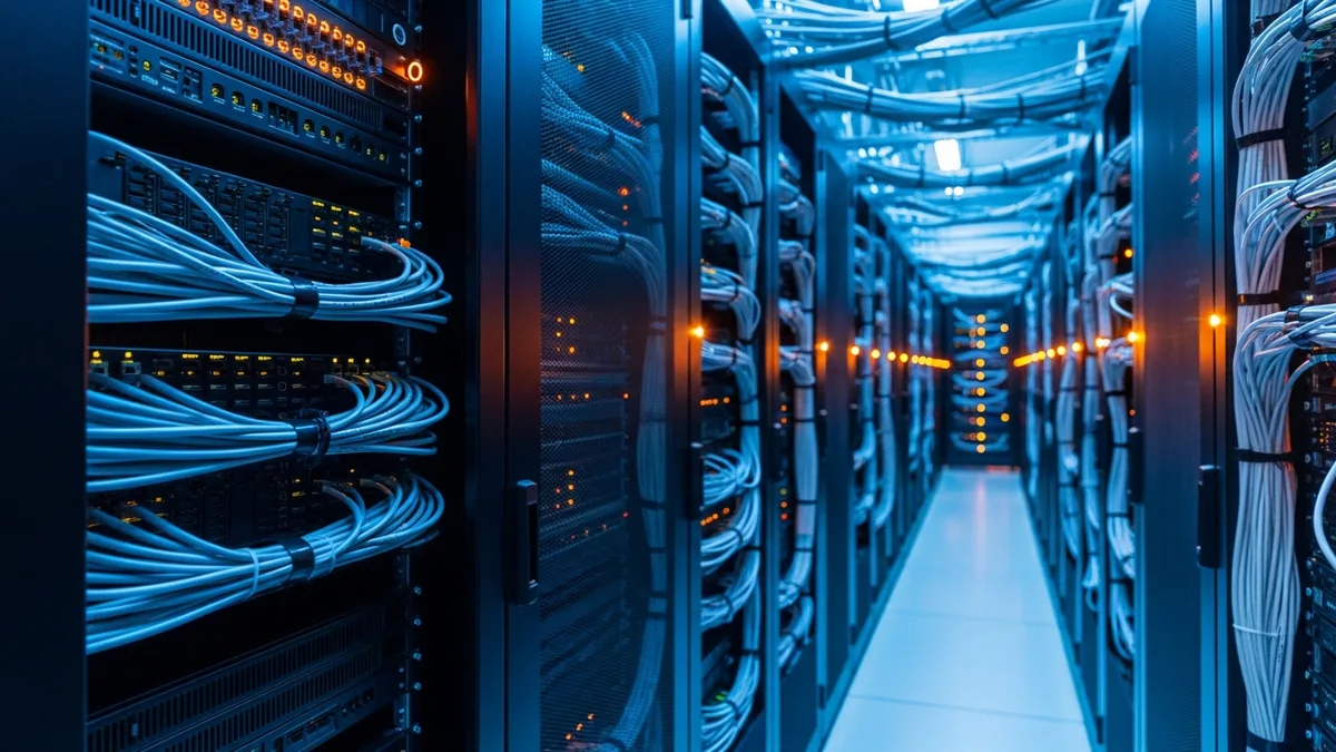 Data center server racks with orange status lights representing the GPU training compute costs that come with a machine learning engineer hire
