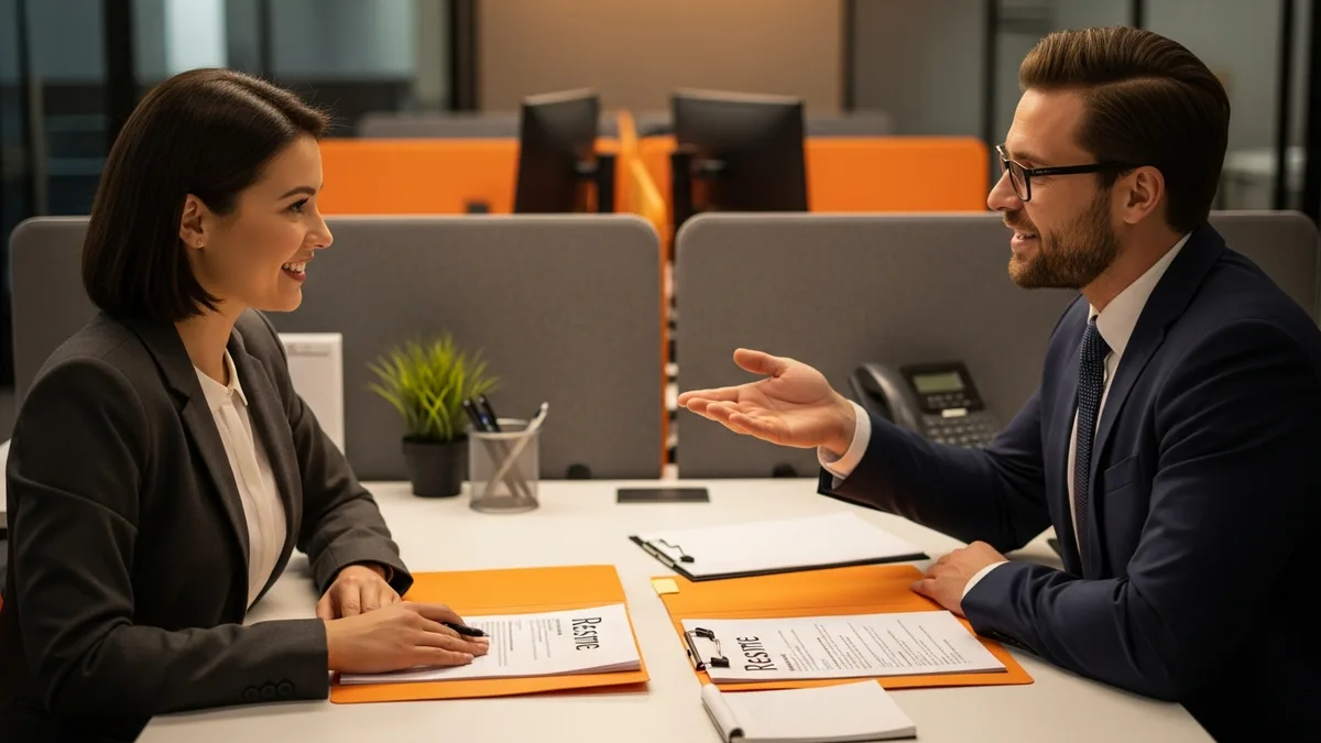 Hiring manager and recruiter reviewing resumes across a desk while scoping a machine learning engineer search