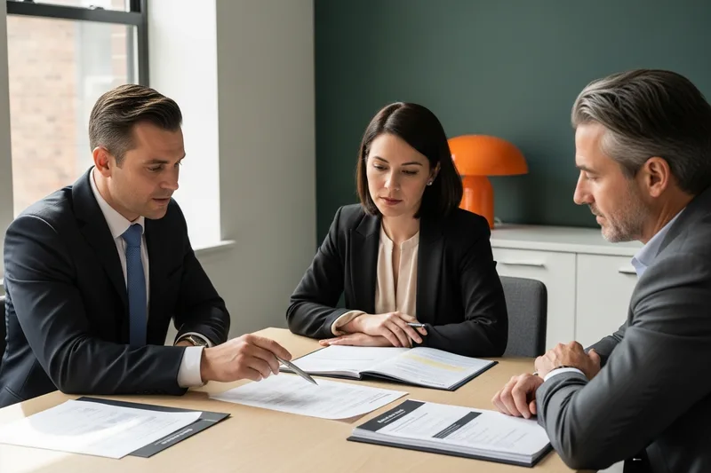 KORE1 recruiters meeting privately with a client over printed candidate dossiers in a quiet boardroom