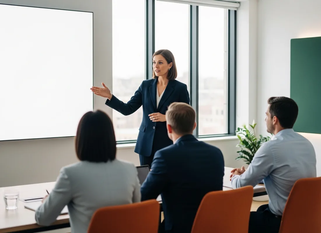 Chief Revenue Officer presenting a revenue growth review to a go-to-market team in a bright modern office