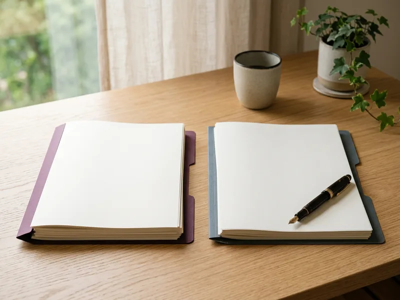 Two stacks of printed documents in plum and slate folders on a bright desk, C# developer versus .NET developer staffing decision