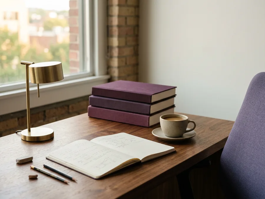 C# developer staffing desk with an open notebook, coffee and plum-bound technical reference books in soft morning light, KORE1 C# staffing