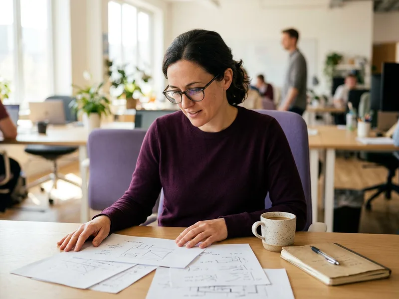 Senior C# developer reviewing printed architecture notes at a bright office desk, KORE1 C# developer staffing