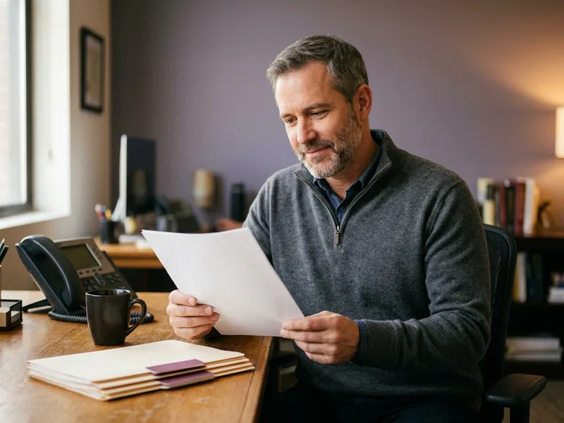 Experienced KORE1 technology recruiter reviewing a printed C# candidate profile at a warm office desk, C# staffing agency
