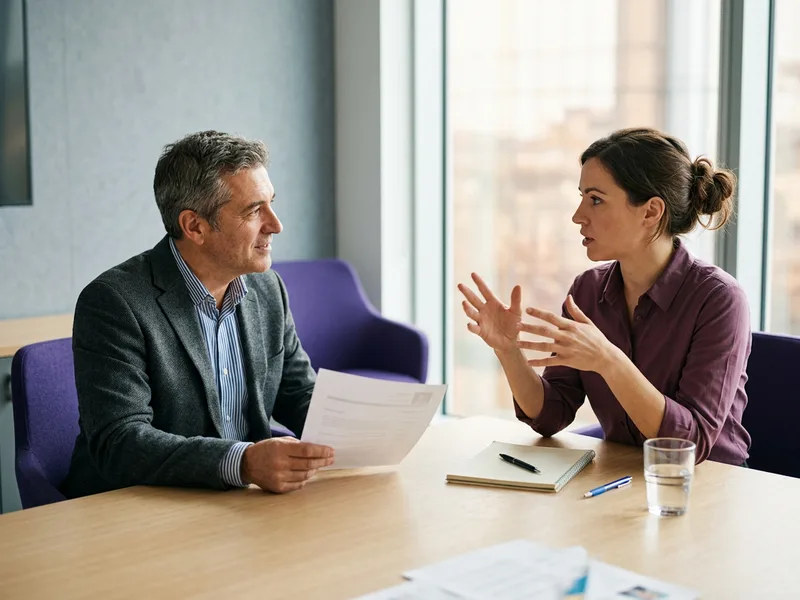 KORE1 technical recruiter and a C# candidate talking through a printed resume across a meeting table, C# staffing screen