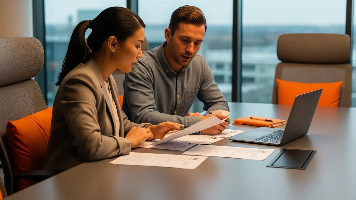 Hiring manager and technical lead reviewing cybersecurity engineer candidate resumes in a conference room