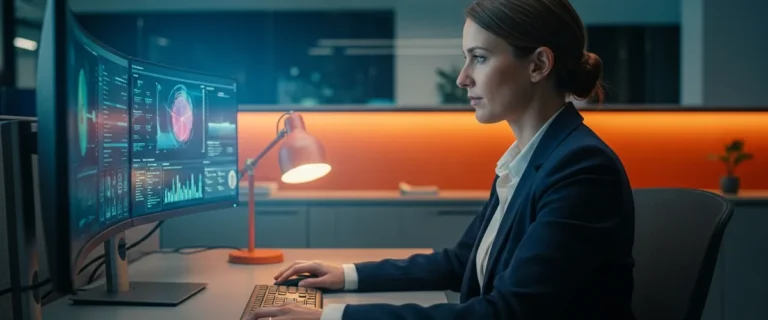 Cybersecurity engineer reviewing security dashboards at a workstation while scoping a job description