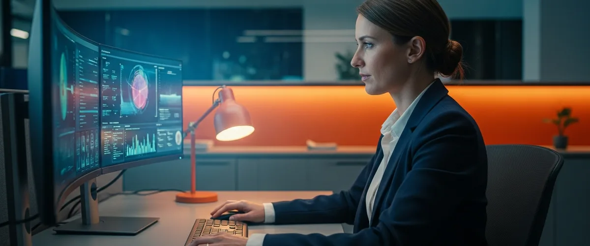Cybersecurity engineer reviewing security dashboards at a workstation while scoping a job description