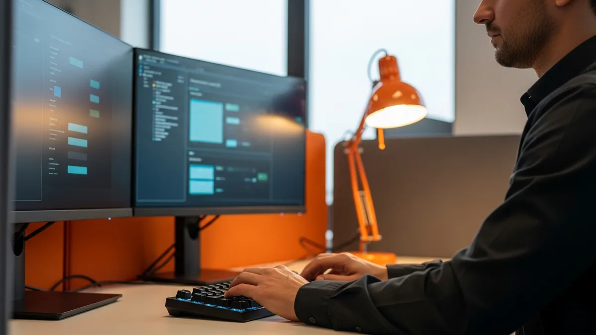 Cybersecurity engineer configuring security controls and detection dashboards at a dual-monitor workstation