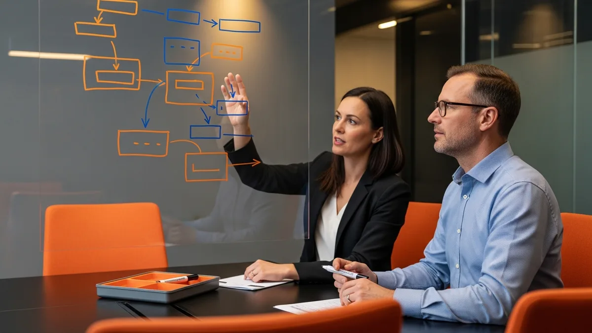 Two cybersecurity engineers threat modeling a security architecture on a glass whiteboard