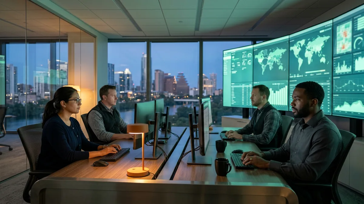 Security analysts monitoring threat dashboards in an Austin cybersecurity operations center with the downtown skyline and Lady Bird Lake at dusk