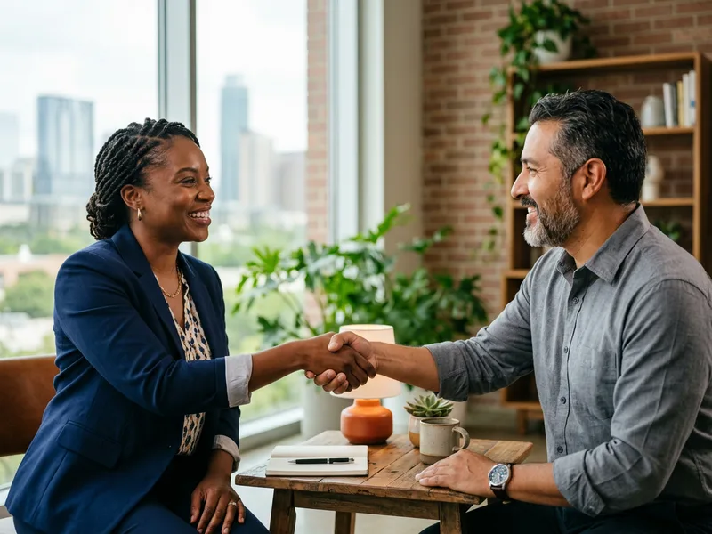 KORE1 cybersecurity recruiter shaking hands with a security professional in a bright Austin, Texas office