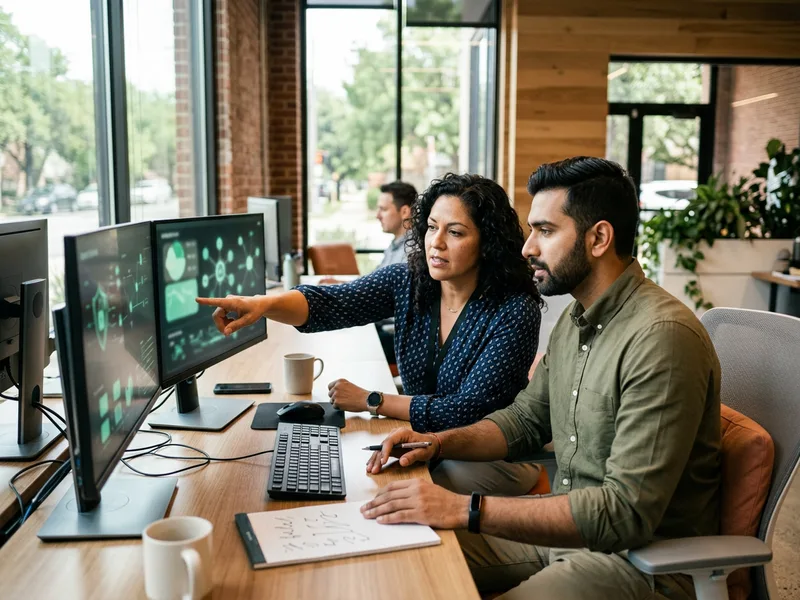 Two cybersecurity engineers reviewing a network security diagram on a monitor in an Austin, Texas tech office