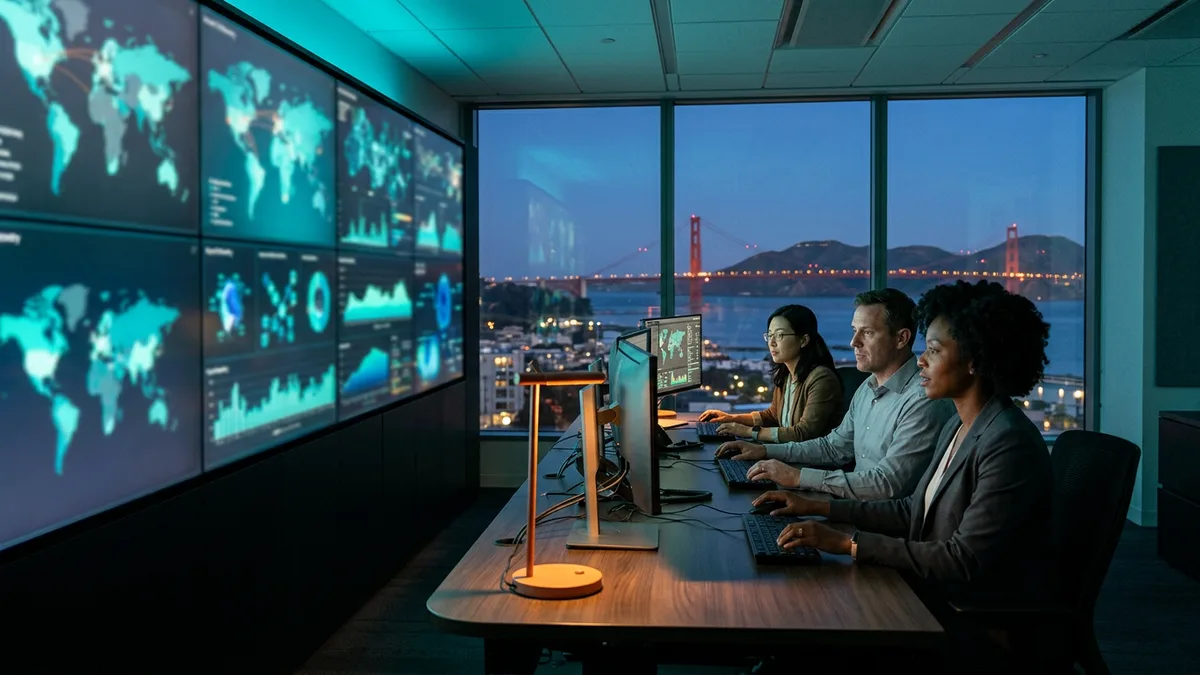 Security analysts monitoring threat dashboards in a San Francisco cybersecurity operations center with the Golden Gate Bridge at dusk