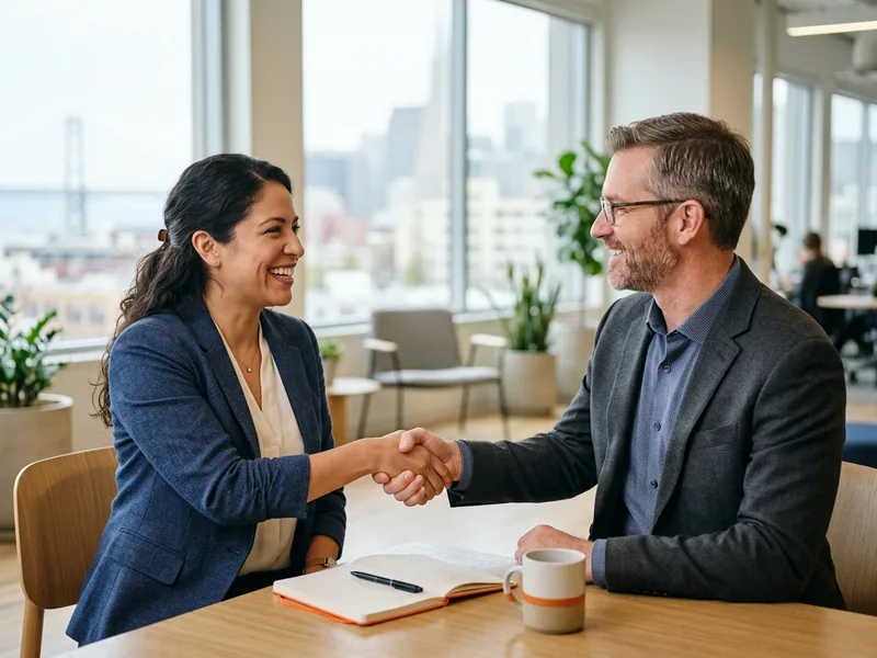 KORE1 cybersecurity recruiter shaking hands with a security professional in a bright San Francisco office overlooking the Bay Bridge