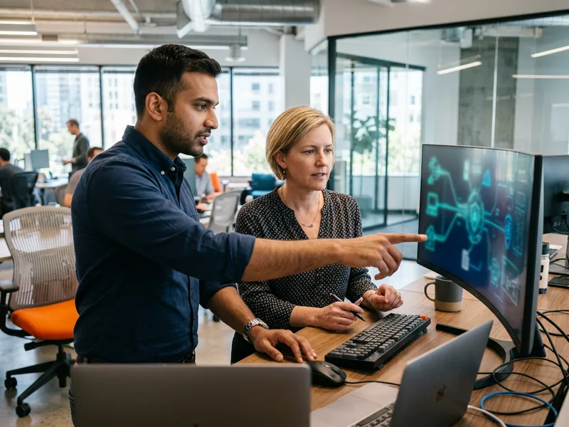 Two cybersecurity engineers reviewing a network security diagram on a monitor in a San Francisco Bay Area office