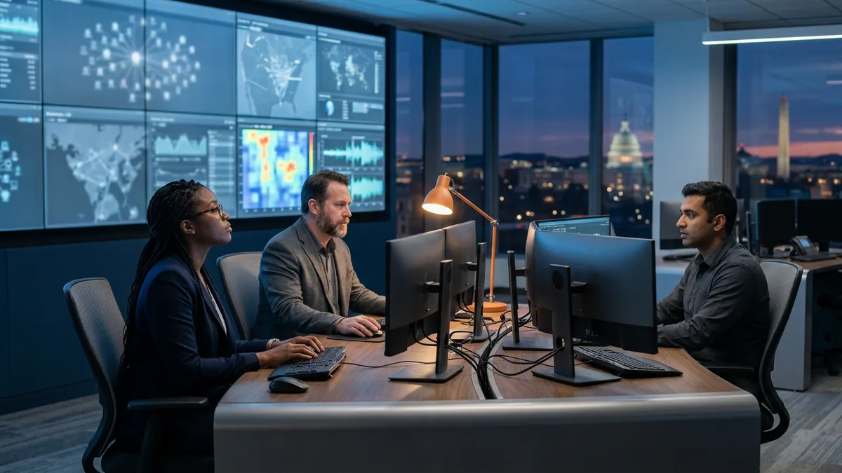 Security analysts monitoring threat dashboards in a Washington DC cybersecurity operations center with the Capitol dome and Washington Monument visible through the windows at dusk