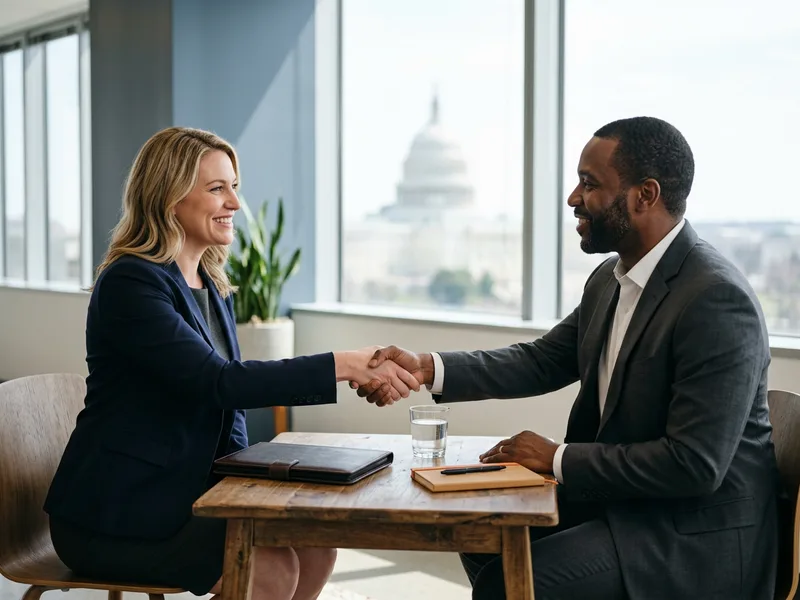 KORE1 cybersecurity recruiter shaking hands with a cleared security professional in a bright Washington DC office