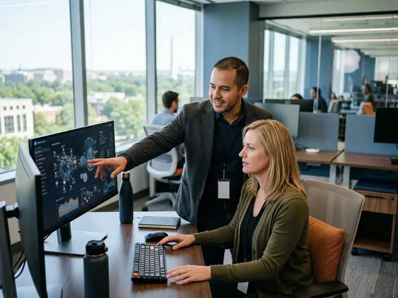 Two cybersecurity engineers reviewing a network security dashboard in a Northern Virginia tech office near Washington DC, the Washington Monument visible through the window