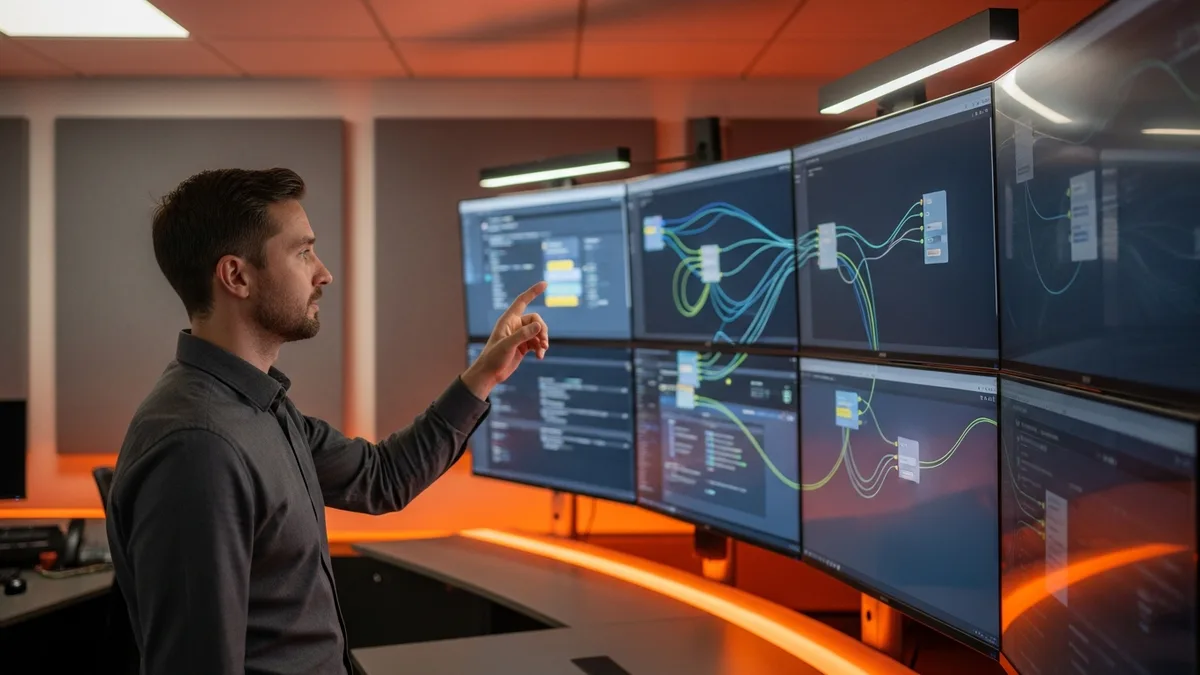 Data engineer reviewing data pipeline flows and dashboards on a wall of monitors in a data operations room