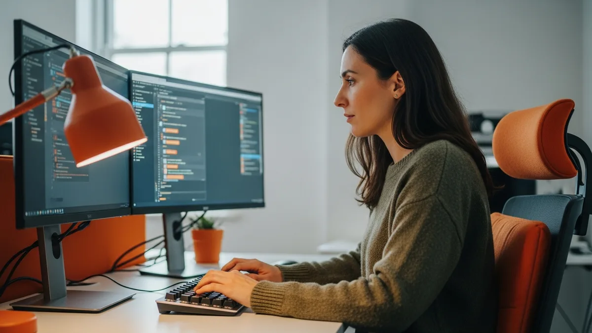 Software engineer building an application at a dual-monitor developer workstation with orange desk accents