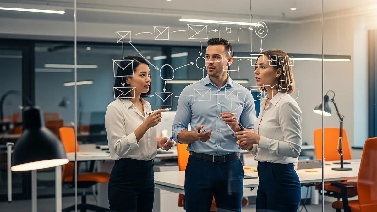 Data science team sketching a model pipeline diagram on a glass whiteboard