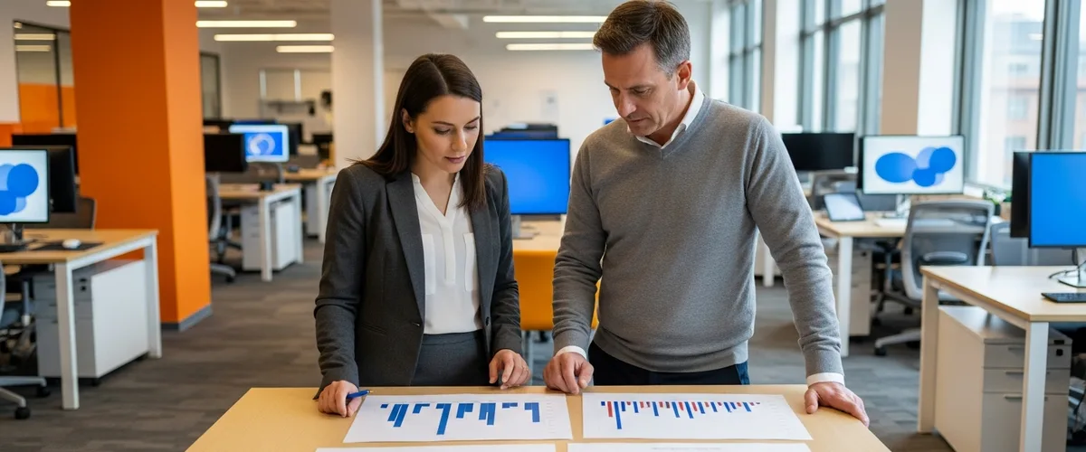 Two data professionals reviewing printed charts at a standing table in a modern open-plan office