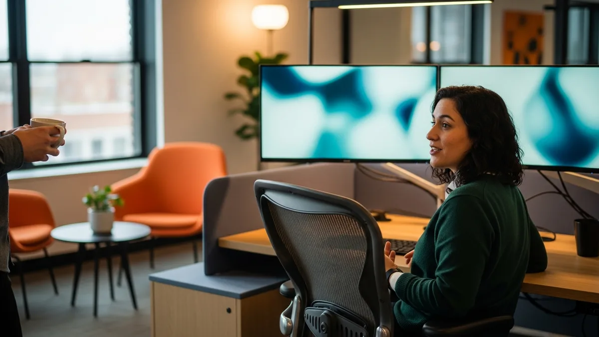 Data scientist turning from a two-monitor workstation to talk with a colleague holding coffee