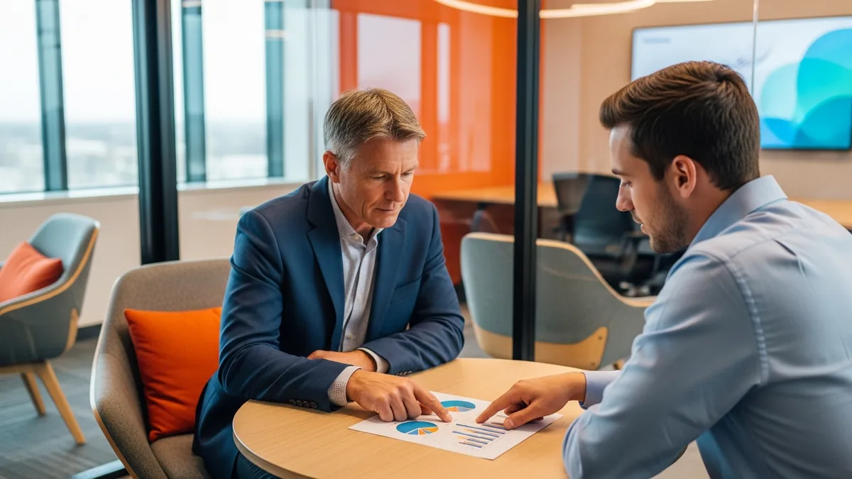 Recruiter and data scientist candidate reviewing a printed project page across a meeting table