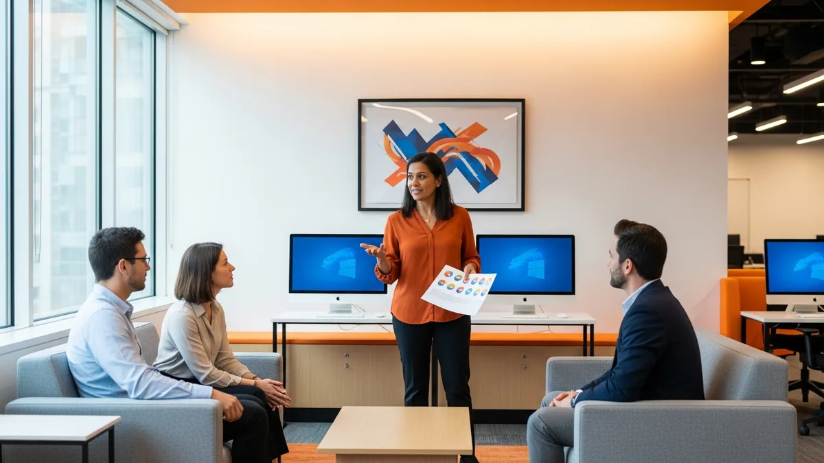 Senior data scientist standing and leading a discussion with three seated colleagues in an office lounge