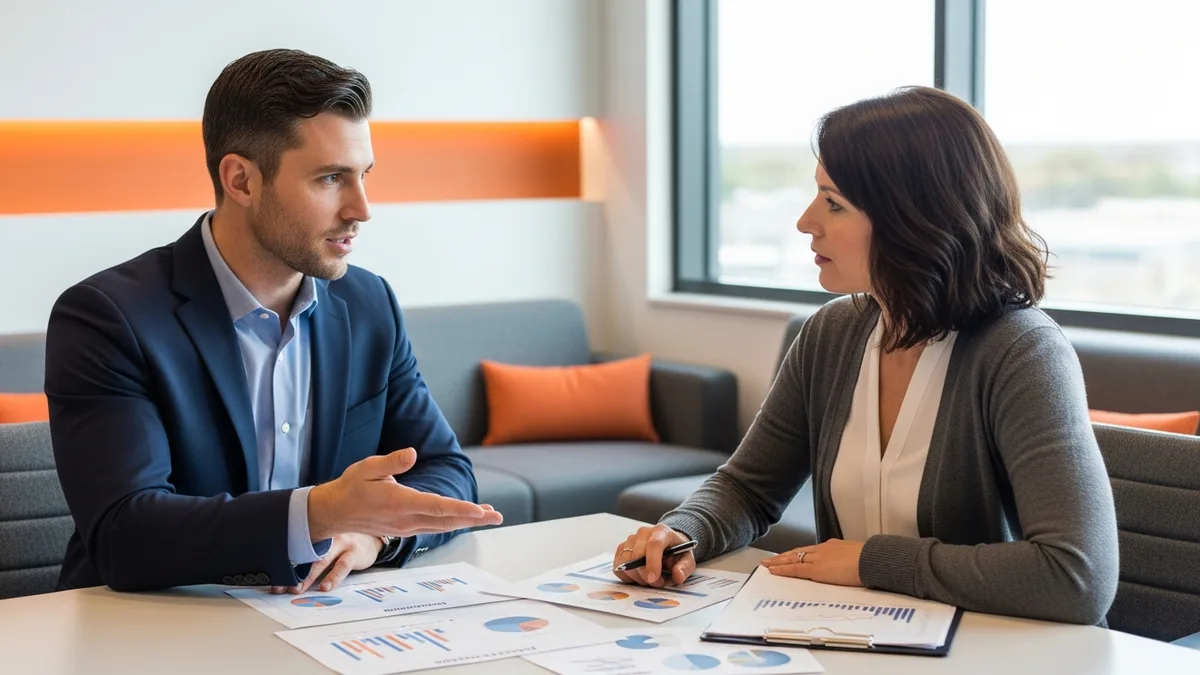 Hiring manager and recruiter discussing data scientist hiring benchmarks over printed charts