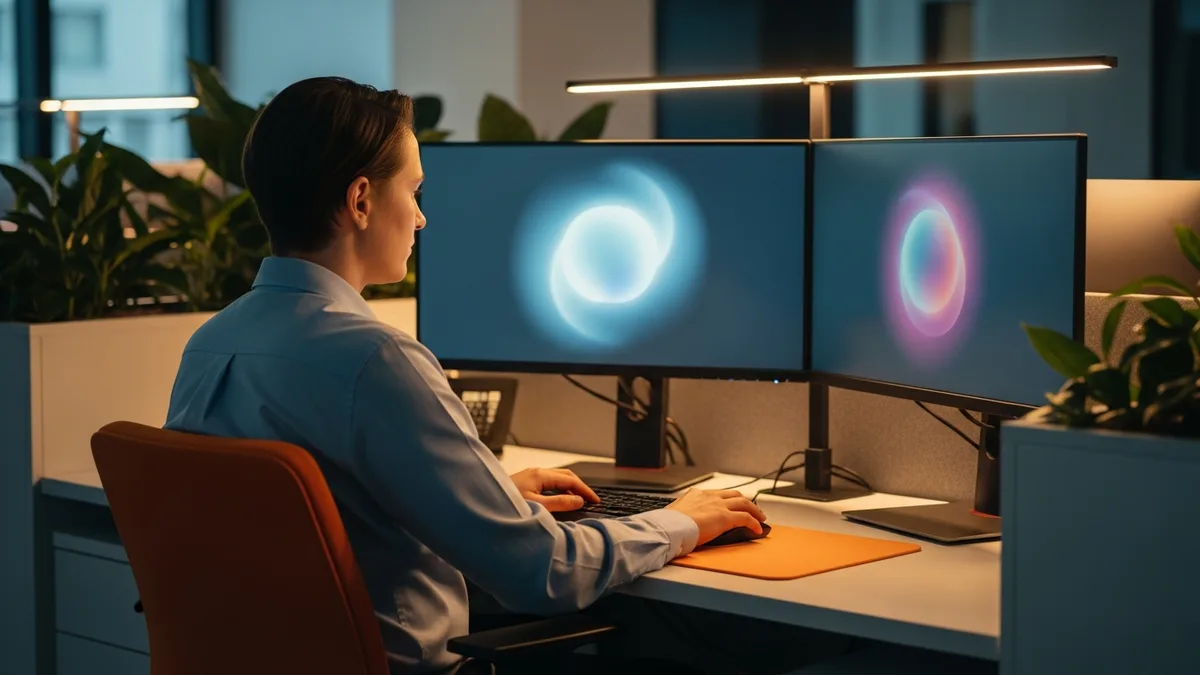 Data scientist analyzing model output at a dual-monitor workstation during a hiring search