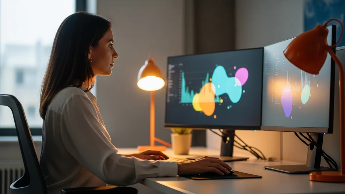 Data scientist reviewing experiment results and statistical charts on dual monitors at a workstation