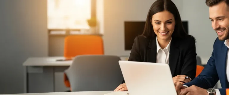 Data scientist and machine learning engineer collaborating over a laptop in a modern office