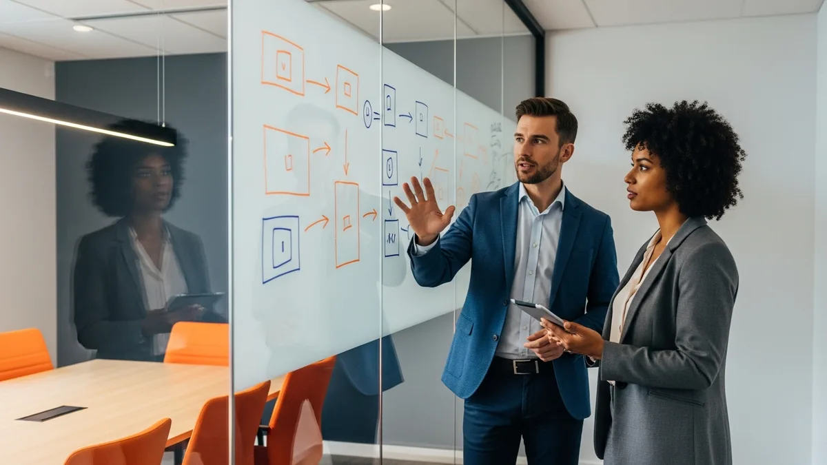 Hiring manager and recruiter at a whiteboard deciding between a data scientist and machine learning engineer hire