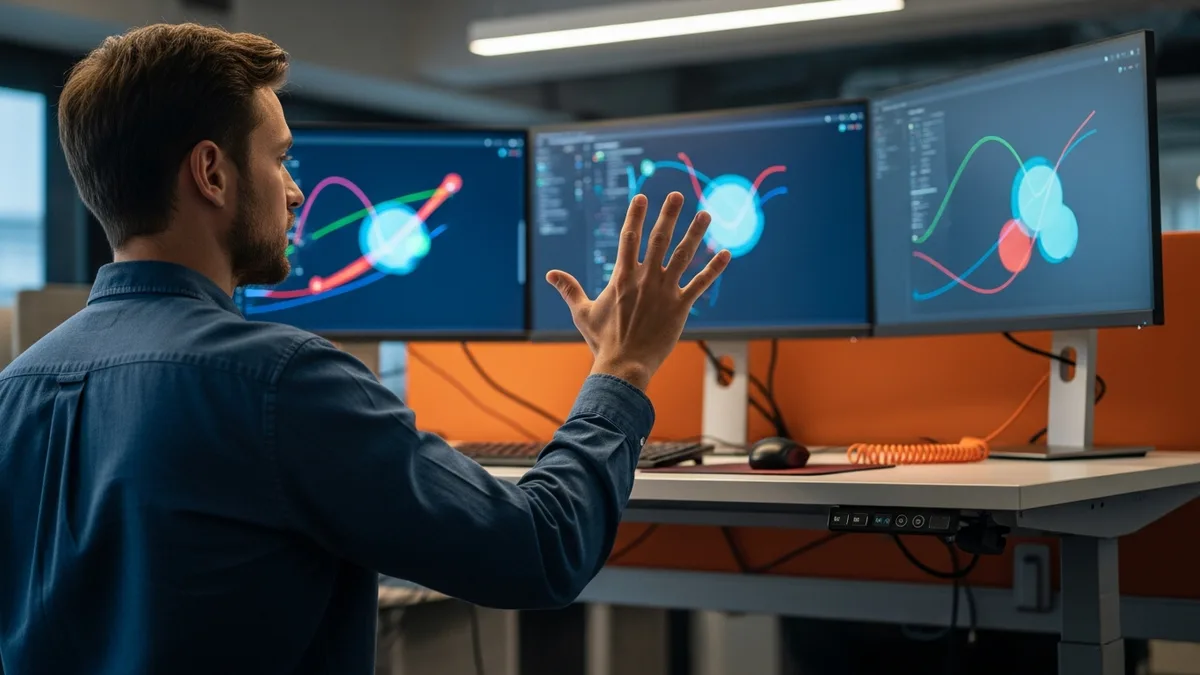 Machine learning engineer monitoring production model dashboards and drift metrics on multiple screens