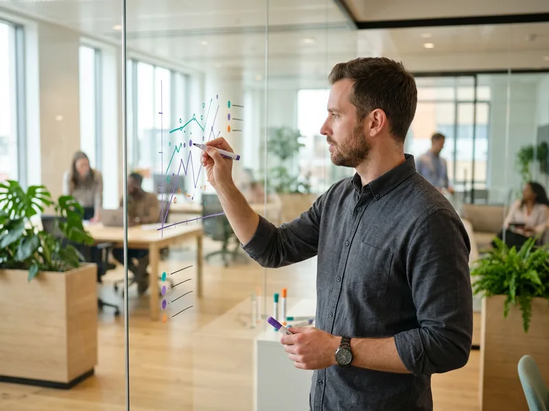 Data visualization engineer sketching chart axes and an encoding legend with colored markers on a glass wall in a bright office