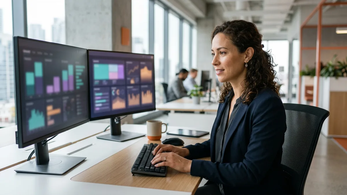 Senior data visualization engineer reviewing a colorful interactive analytics dashboard on dual monitors, KORE1 data visualization engineer staffing