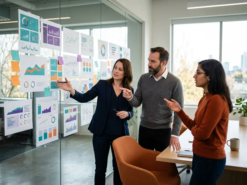 Cross-functional analytics team reviewing dashboard mockups and a chart redesign on a glass conference wall in a bright office